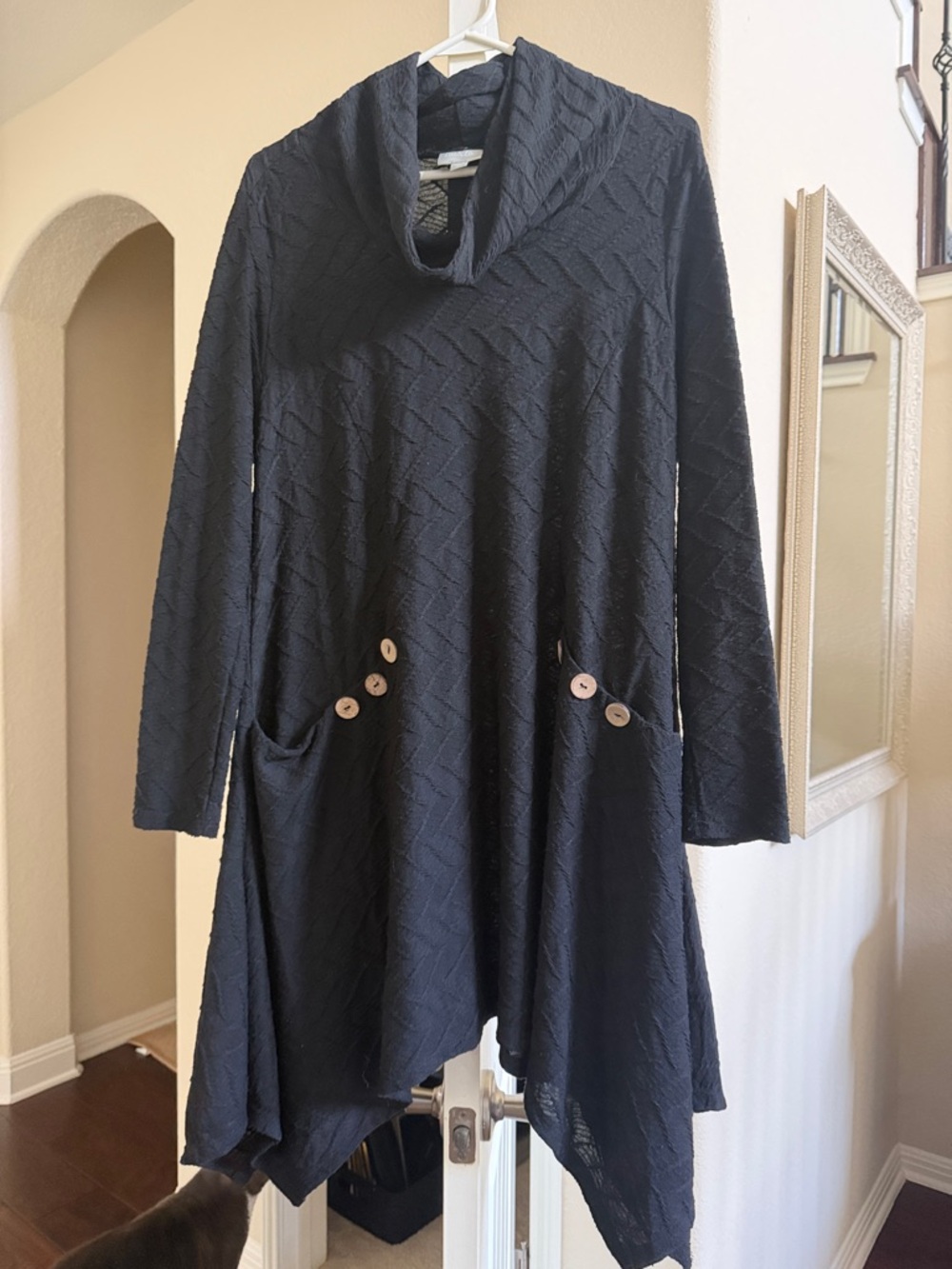 Women’s Black Cowl Neck Tunic with Button Pocket Detail